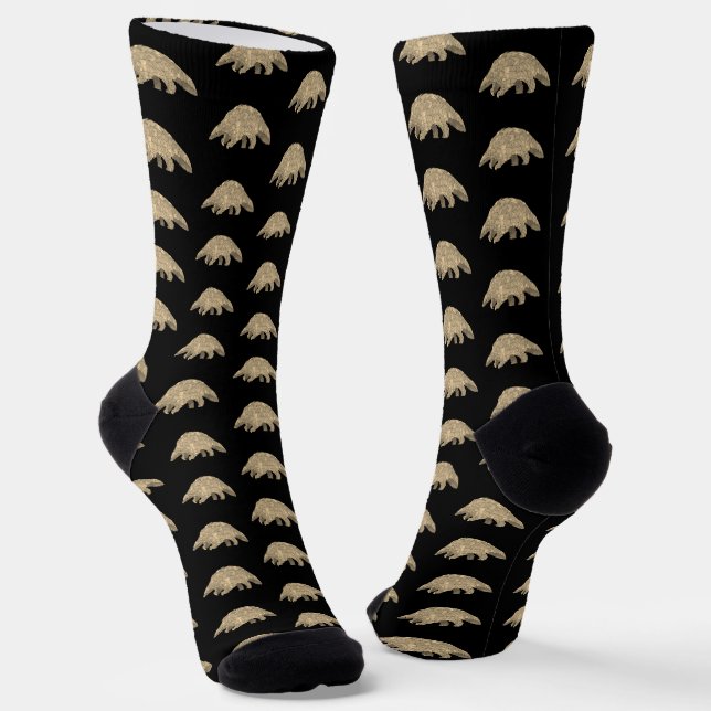 Pangolin Cute Animal Art Black Socks (Angled)