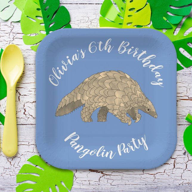 Pangolin Party Kids 6th Birthday Blue Add Name Paper Plate (Cute pangolin 6th birthday party custom blue paper plate)