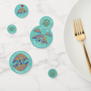 Pangolin Party kids 6th Birthday Teal Add Name Confetti