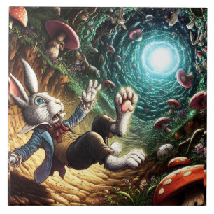 Panicked Bunny Falling Down The Rabbit Hole Ceramic Tile