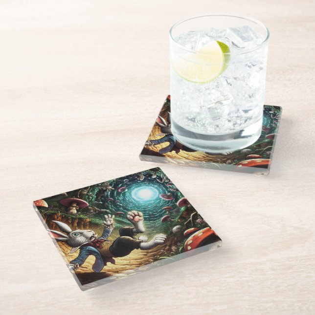 Panicked Bunny Falling Down The Rabbit Hole Glass Coaster (Angled)