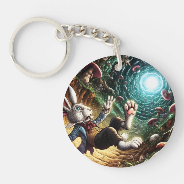 Panicked Bunny Falling Down The Rabbit Hole Key Ring (Front)