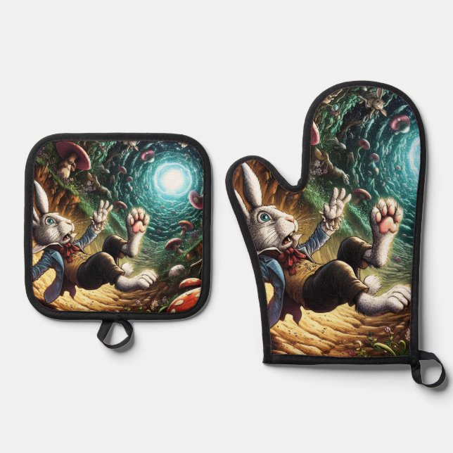 Panicked Bunny Falling Down The Rabbit Hole Oven Mitt & Pot Holder Set (Front)