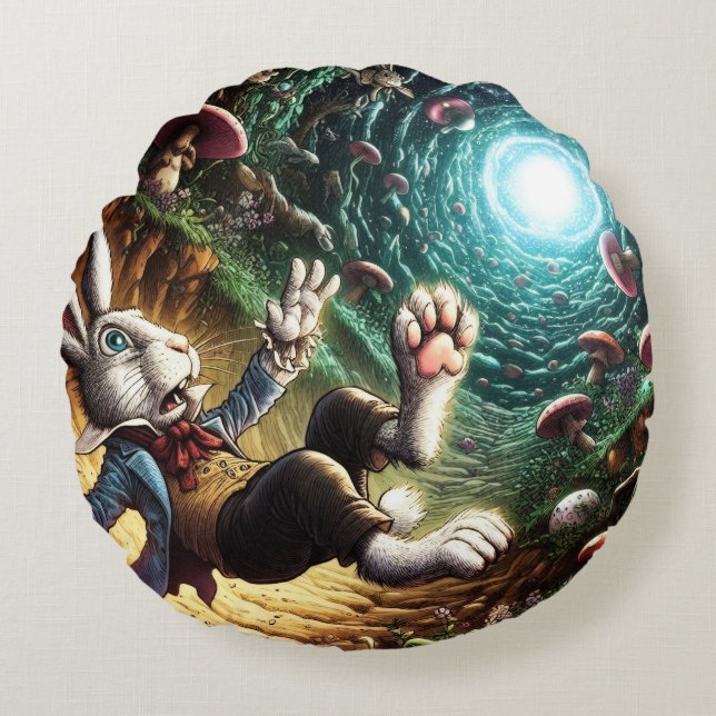Panicked Bunny Falling Down The Rabbit Hole Round Cushion (Front)