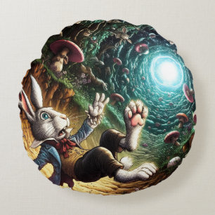 Panicked Bunny Falling Down The Rabbit Hole Round Cushion