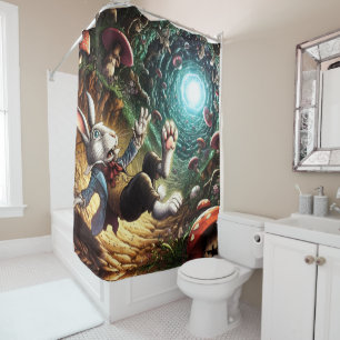 Panicked Bunny Falling Down The Rabbit Hole Shower Curtain