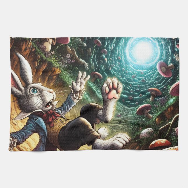 Panicked Bunny Falling Down The Rabbit Hole Tea Towel (Horizontal)