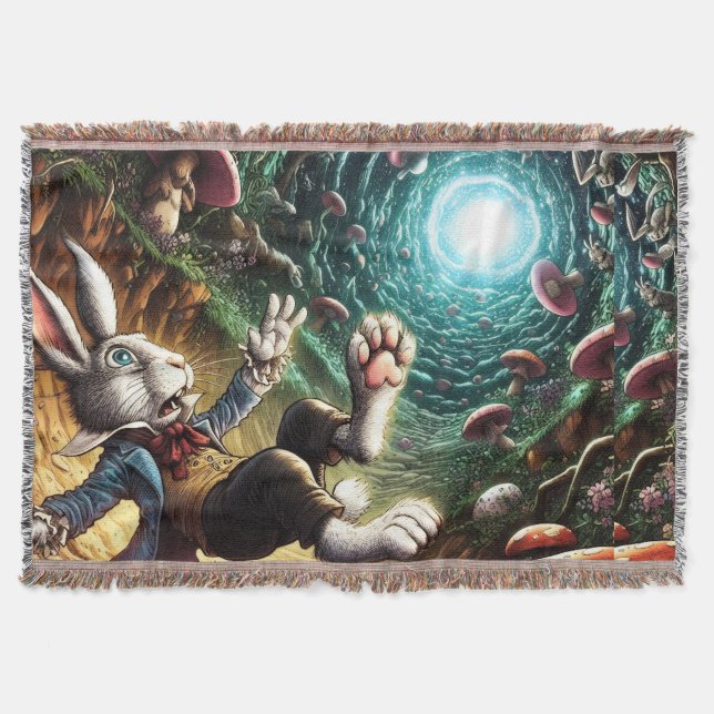 Panicked Bunny Falling Down The Rabbit Hole Throw Blanket (Front)