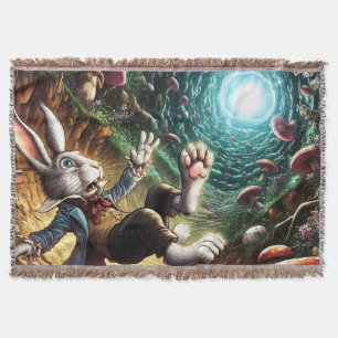 Panicked Bunny Falling Down The Rabbit Hole Throw Blanket
