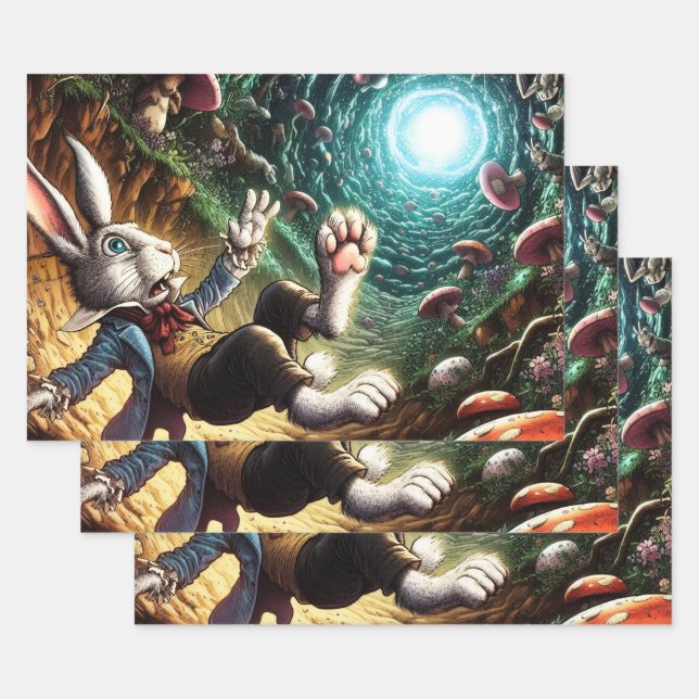 Panicked Bunny Falling Down The Rabbit Hole Wrapping Paper Sheet (Set)