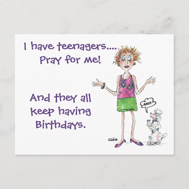 Panicked Mother with Teens Having Birthdays Postcard (Front)
