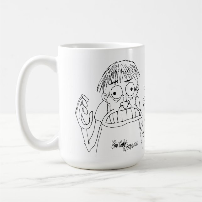 panicky cartoon character coffee mug (Left)