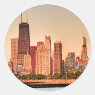 Panorama of Chicago skyline at sunrise Classic Round Sticker