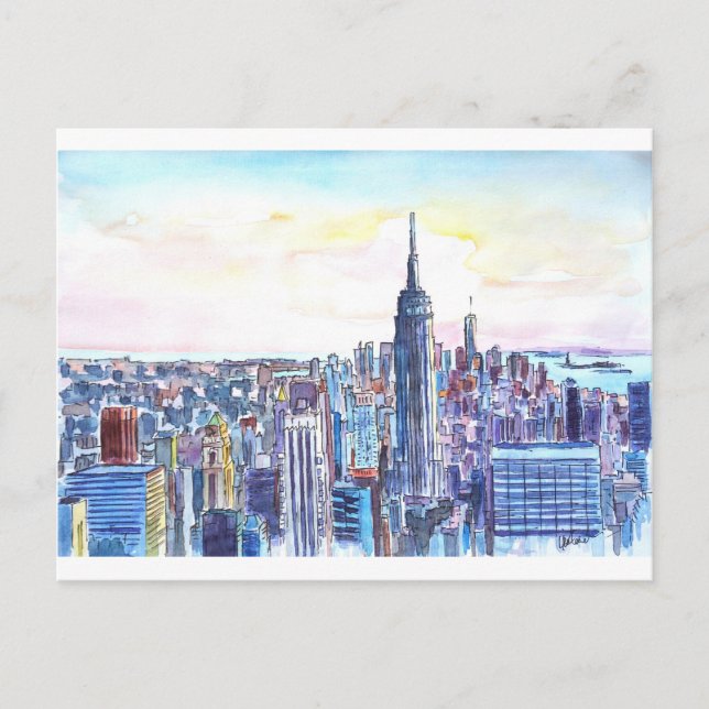 Panorama Of Manhattan Skyline in watercolor Postcard (Front)
