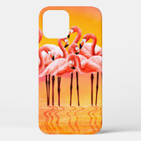 Panorama of pink flamingos on a bright pink backgr