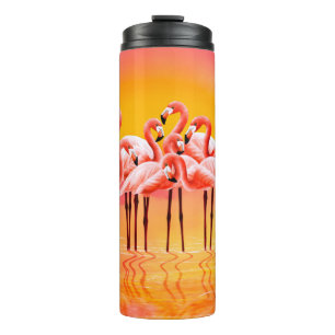 Panorama of pink flamingos on a bright pink backgr thermal tumbler