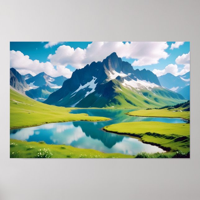 Panoramic Landscape Mountains Lake Nature Tranquil Poster (Front)