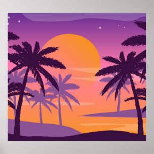 Panoramic landscape: sunset with palms. poster
