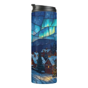 Panoramic stained glass winter village thermal tumbler