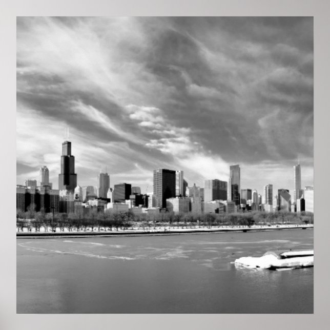 Panoramic view of Chicago skyline in winter Poster (Front)