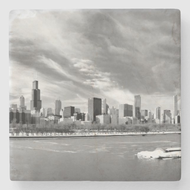 Panoramic view of Chicago skyline in winter Stone Coaster (Front)