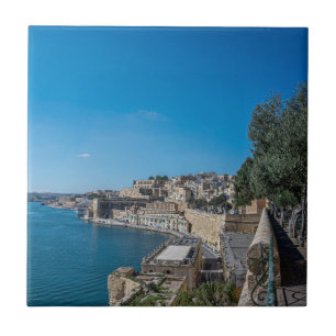 Panoramic view of city wall and harbor in Valletta Ceramic Tile