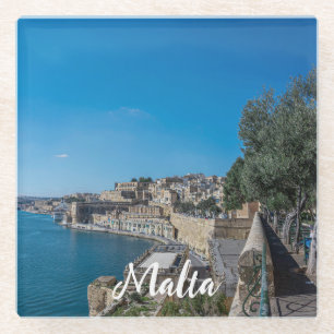 Panoramic view of city wall and harbor in Valletta Glass Coaster