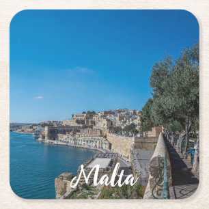 Panoramic view of city wall and harbor in Valletta Square Paper Coaster
