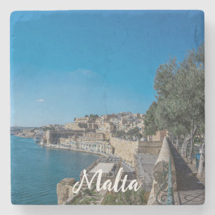 Panoramic view of city wall and harbor in Valletta Stone Coaster