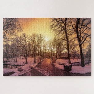 Panoramic view of snowy park during sunset in Riga Jigsaw Puzzle
