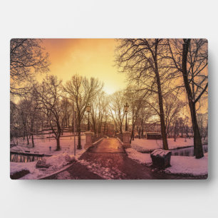 Panoramic view of snowy park during sunset in Riga Plaque
