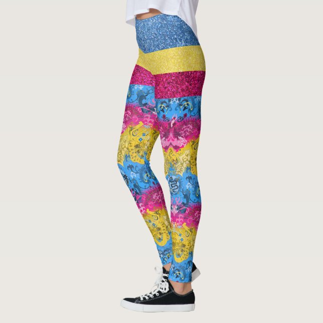 Pansexual Dragon Damask Glitter Pride Flag Colours Leggings (Left)