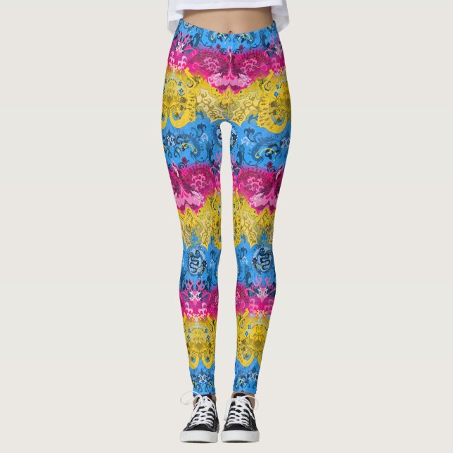 Pansexual Dragon Damask - Pride Flag Colours Leggings (Front)