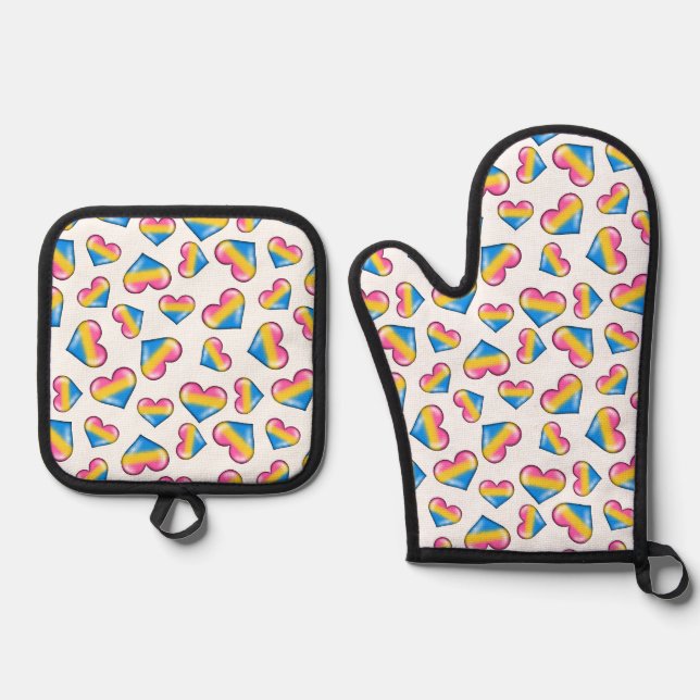 Pansexual Flag Hearts - White Oven Mitt & Pot Holder Set (Front)