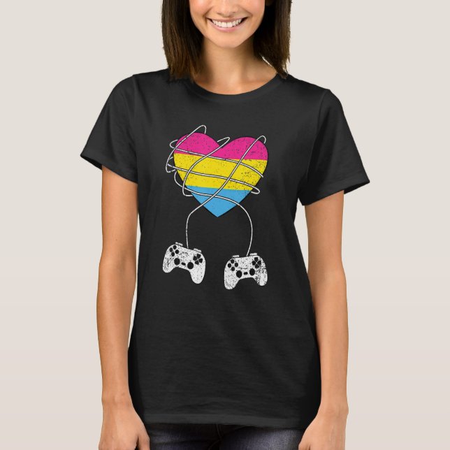 Pansexual Heart Gamer LGBT Q Pride Flag Gaymer Gam T-Shirt (Front)