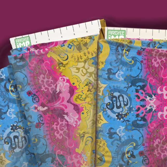 Pansexual pride flag colours dragon damask fabric (close-up with ruler)