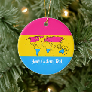 Pansexuality pride flag with a world map ceramic ornament