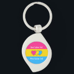 Pansexuality pride flag with text keychain<br><div class="desc">Metal keychain with the pansexuality pride flag with little hearts in the centre of the design. Pink,  yellow,  and blue flag of the pan pride movement; with an editable text field for your name or message</div>