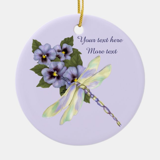 Pansies and Dragonfly Ceramic Tree Decoration (Front)