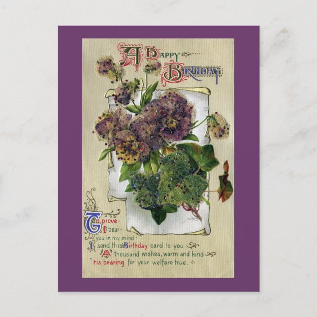 Pansies and Ivy Vintage Birthday Postcard (Front)