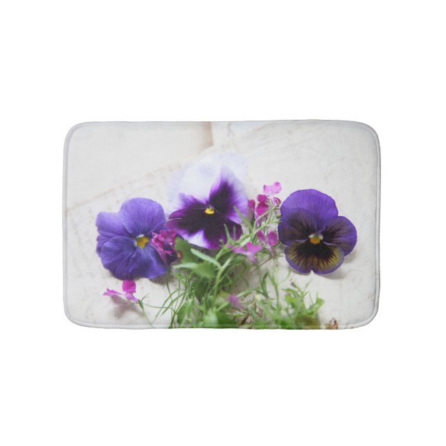 Pansies and lobelia on old handwriting bath mat (Front)