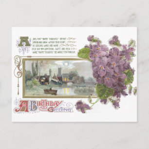 Pansies and Serene Vignette Vintage Birthday Postcard