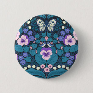 Pansies, birds and butterflies 6 cm round badge