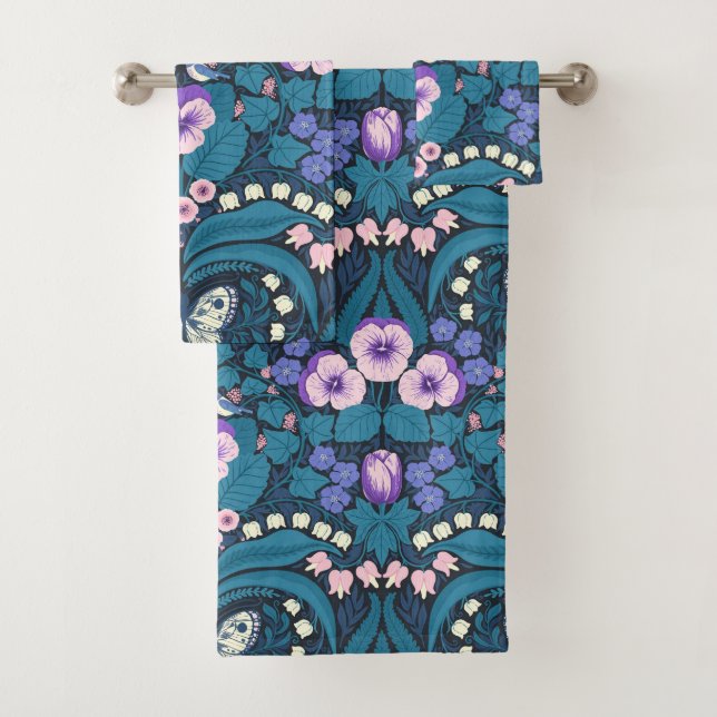 Pansies, birds and butterflies bath towel set (Insitu)
