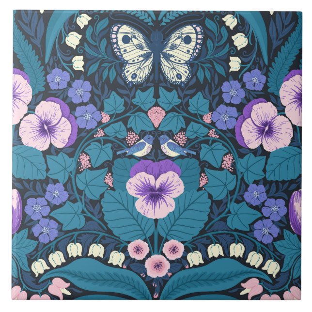 Pansies, birds and butterflies ceramic tile (Front)