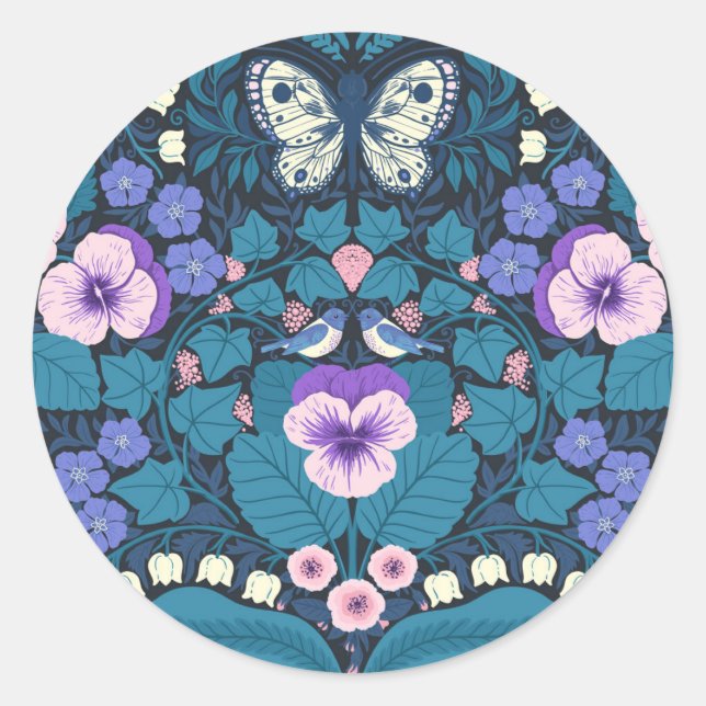 Pansies, birds and butterflies classic round sticker (Front)