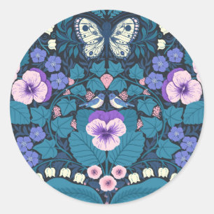 Pansies, birds and butterflies classic round sticker