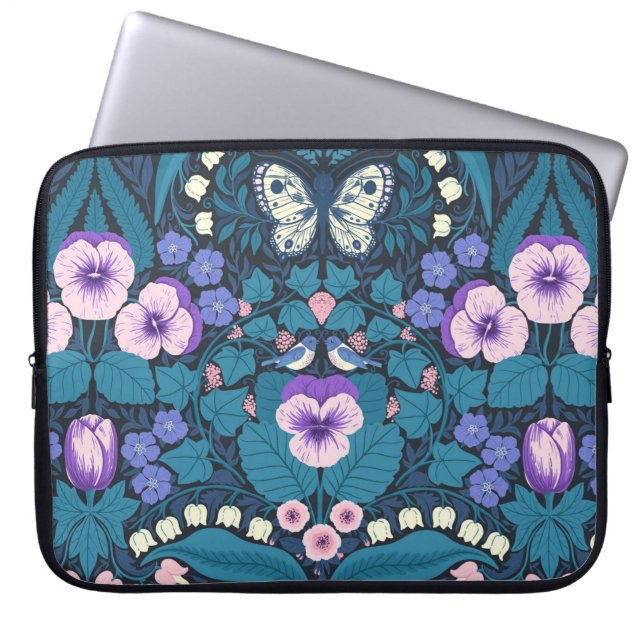 Pansies, birds and butterflies laptop sleeve (Front)