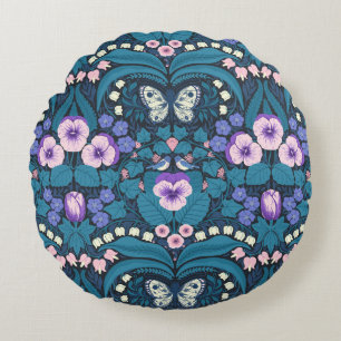 Pansies, birds and butterflies round cushion