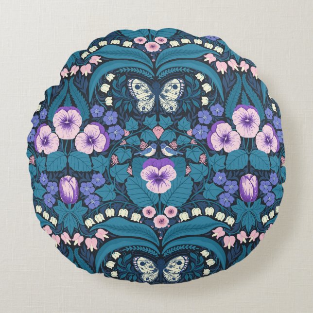 Pansies, birds and butterflies round cushion (Front)